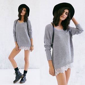 Anthropologie Pins & Needles Lace Trim Gray Sweater Women's Size XS